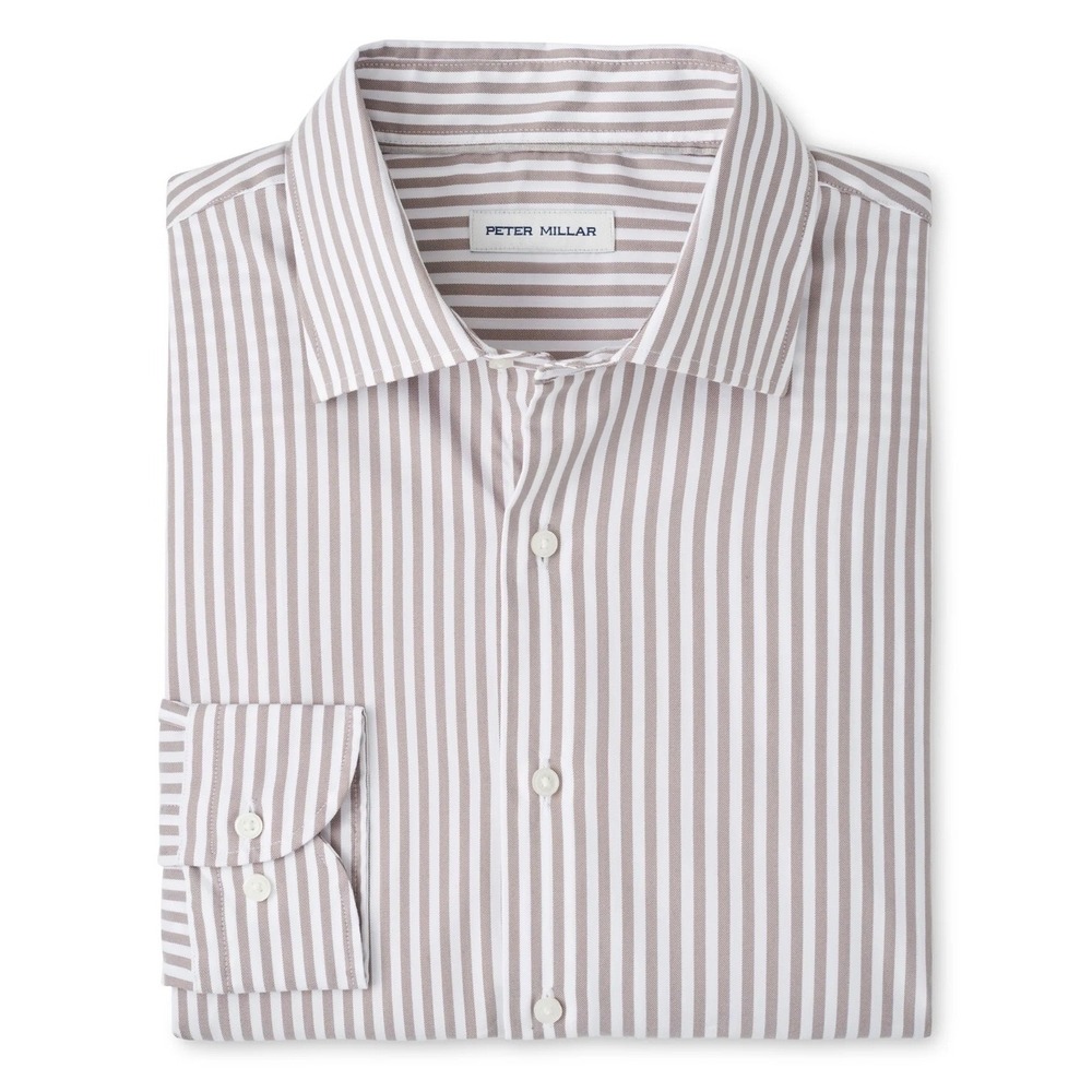 Peter Millar Mens XL Striped Performance Button Down Shirt Poplar Brown NWT